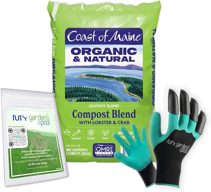Coast of Maine QD1000 Quoddy Lobster Compost Soil Amendment 1 cf with My Garden Pool 7-in-1 Soil Test Strips, 20 ct. and Claw Gardening Gloves