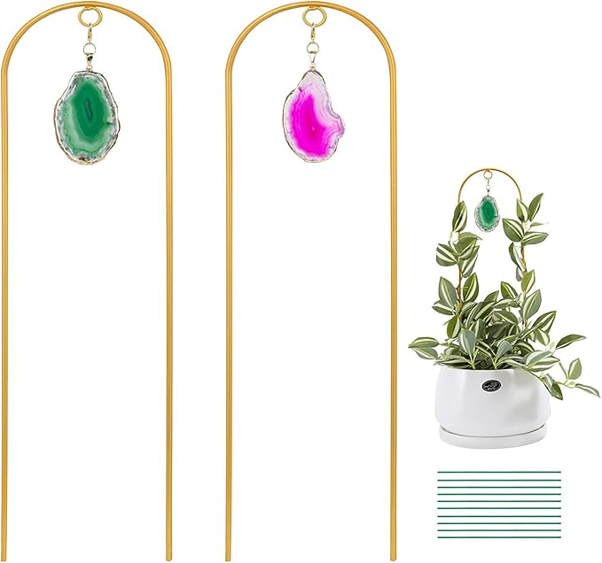 2PCS Small Gold Trellis for Climbing Plants Indoor, Mini Metal Houseplant Climber Support for Potted Plants, Boho Decorative Pot Lattice with Agate for Hoya, Pothos, Ivy, Philodendron