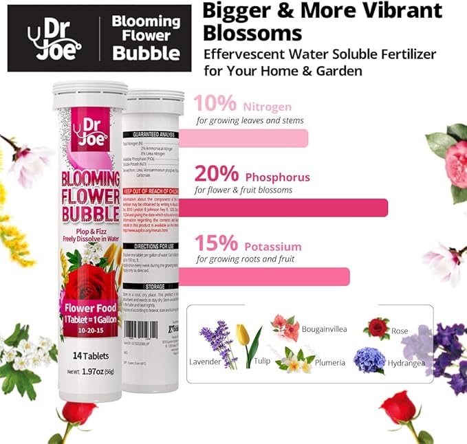 Dr. Joe Blooming Flower Bubble Plant Food – Water Soluble Fertilizer (14 Fizzing Tablets, Makes 14 Gallons, 10-20-15)