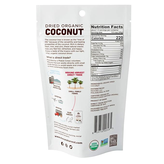 Mavuno Harvest Coconut Chips Dried Fruit Snack | Unsweetened Organic Dried Coconut Strips | Gluten Free Snack | Healthy Snacks for Kids and Adults | Vegan, Non GMO, Direct Trade | 2 Ounce, Pack of 6