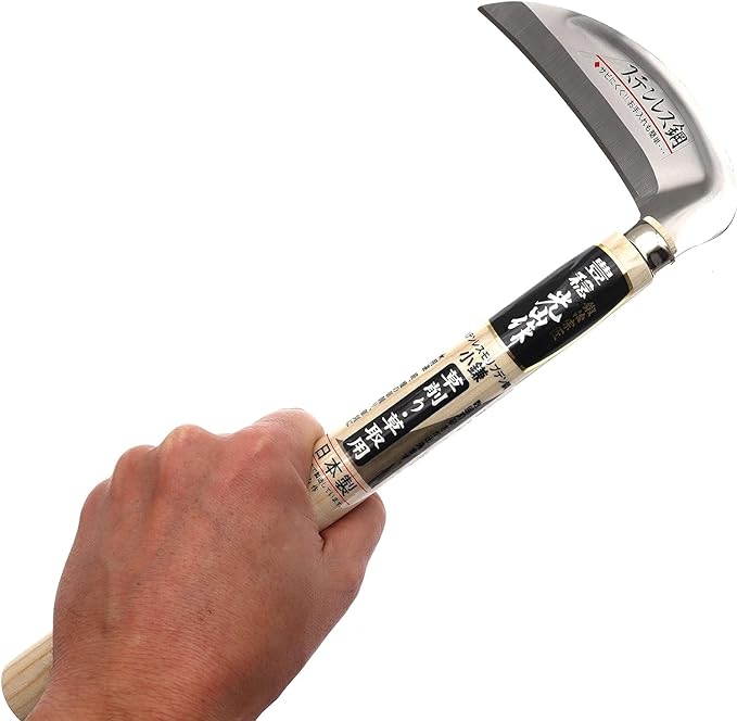HONEN Japanese Stainless Weeding Sickle, Molybdenum Stainless Steel Hand Weeder for Sharp, Rust-Resistant Weed Removal, Wood Handle, Made in Japan