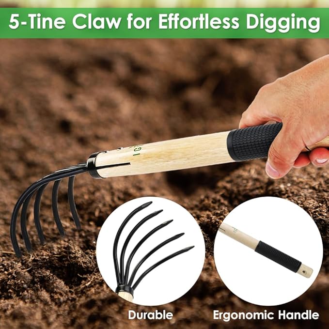 Garden Rake with Ergonomic Wooden Handle for Firm Grip, Military Grade Steel Hand Garden Tool Wood Japanese Ninja Claw Rake for Perfect Pulverized and Aerated Soil, Gardening Weeding