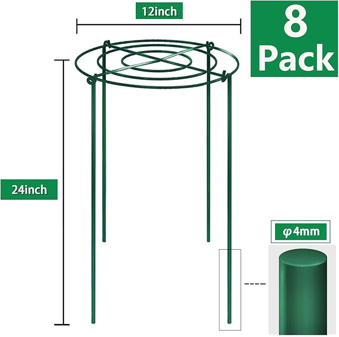 TCBWFY 8 Sets Peony Support Cage, 12" Dia x 24" High, Heavy Duty Metal Plant Support, Grow Through Hoops Grids, 4mm Legs, Green, Round
