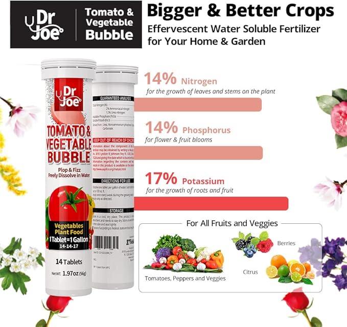 Dr. Joe Tomato & Vegetable Bubble Plant Food - Water Soluble Fertilizer (14 Fizzing Tablets, Makes 14 Gallons, 14-14-17)