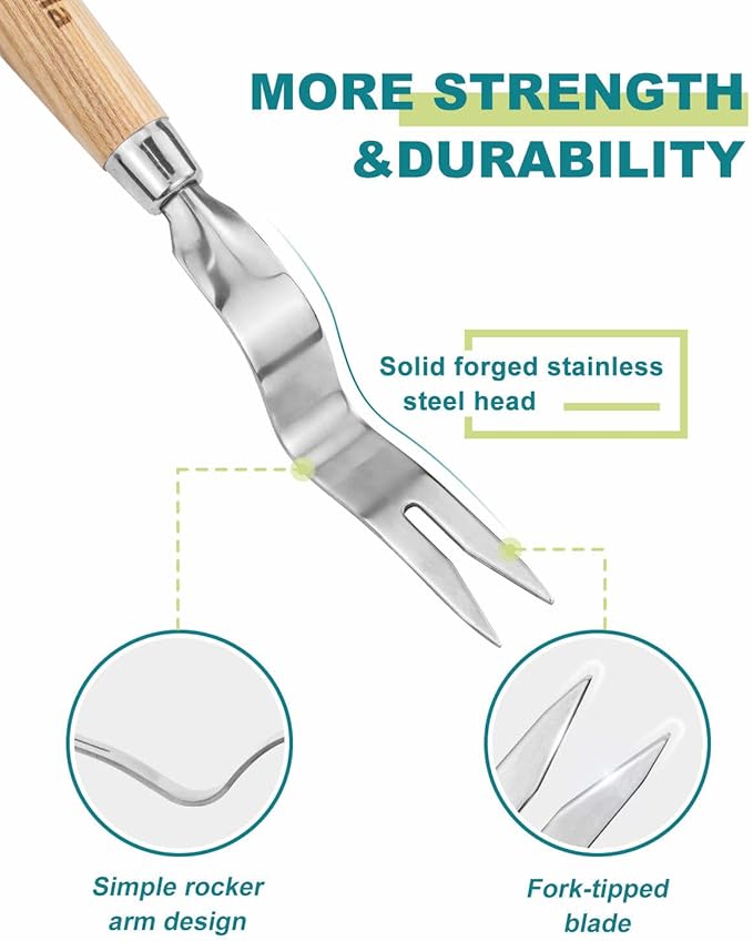 Weed Puller Tool Hand Weeder Tool Weed Remover Stick Hand Weed Digger for Gardening Weeding Pulling Digging Removing Weeds Roots Garden Manual Weeder Tool with Hard Solid Wood Handle