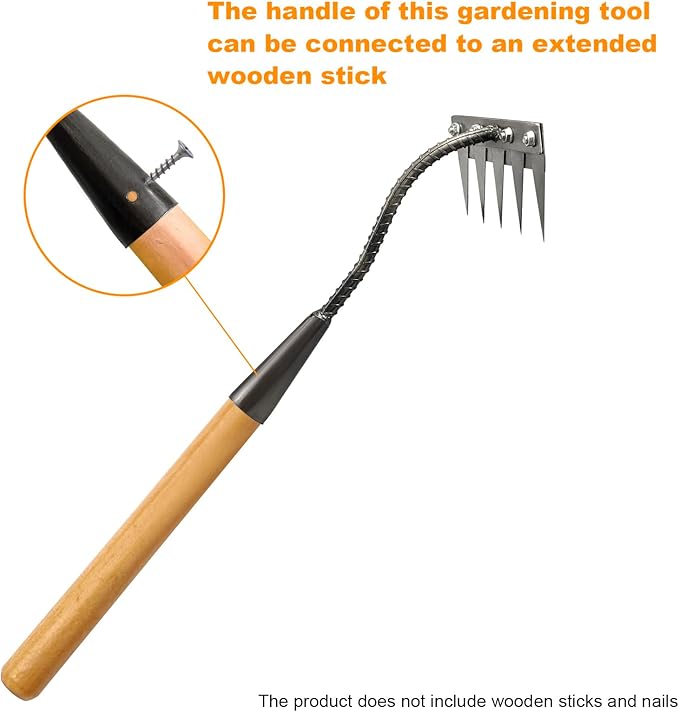 Ironrake The Heavy-Duty Iron Weeding Rake,1pc Iron Rake for Gardening and Weeding with 5 Metal Tines,Weeding Rake for Sturdy Dethatching,Ironrake for Backyard Lawn Loosening Planting Weeding (5 TINES)