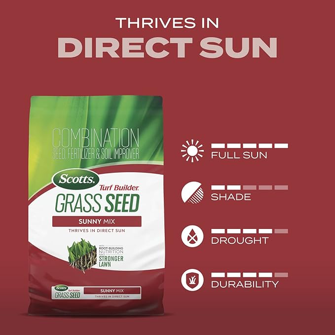Scotts Turf Builder Grass Seed Sunny Mix with Fertilizer and Soil Improver, Thrives in Direct Sun, 2.4 lbs.