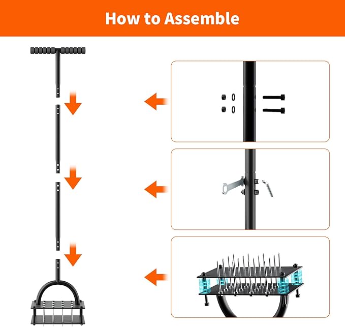 Lawn Aerator Tool (Pre-Assembled), 16 Iron Spikes with Spring-Loaded Auto Cleaning, Ergonomic T-Handle, Manual Grass Aerators for Lawn, Yard, Garden Soil Loosening & Aeration, Gloves Included (Black)