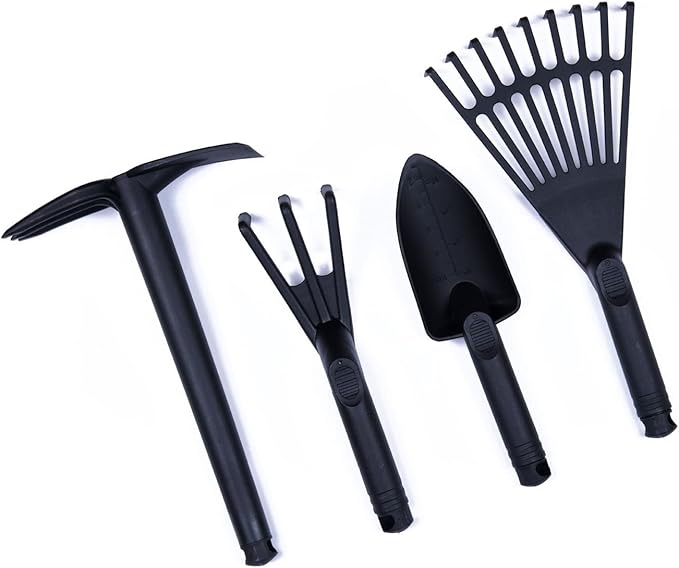 Mintra Garden Tool Set, 4 Piece Heavy Duty Gardening Tools Including Cultivator, Trowel, Shovel & Rake, Durable Poly Material & Non-Slip Handle, Garden Hand Tools Set for Gardening Gift, Black
