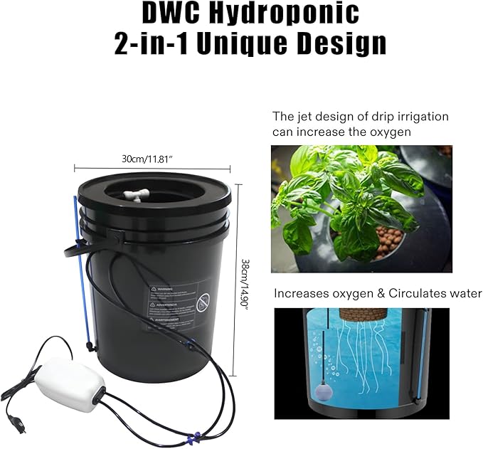 RDWC Hydroponics System Kit, 5 Gallon Deep Water Culture (DWC) Bucket Kit Recirculating with Air Pump, Air Stone for Indoor Growing, Complete 1 Bucket + Reservoir