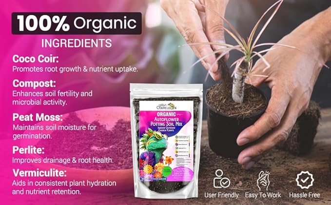 Organic Autoflower Potting Soil Mix – Ready-to-Use Living Soil, No Fertilizers Needed – Balanced Nutrients, Light Texture, Excellent Drainage, Boosts Germination & Root Growth (4 QUARTS)