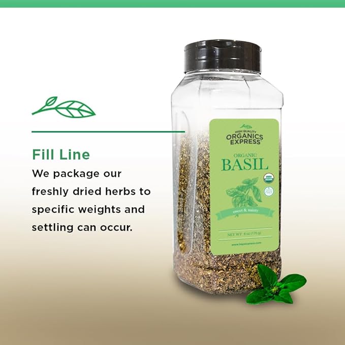 HQOExpress Organic Basil Medium Cut – Non GMO, Kosher, USDA Certified Organic Basil Leaves, Dried and Ground – Peppery and Aromatic Seasoning for Soups, Sauces, Dressings and Salads, 6 oz. Chef Jar