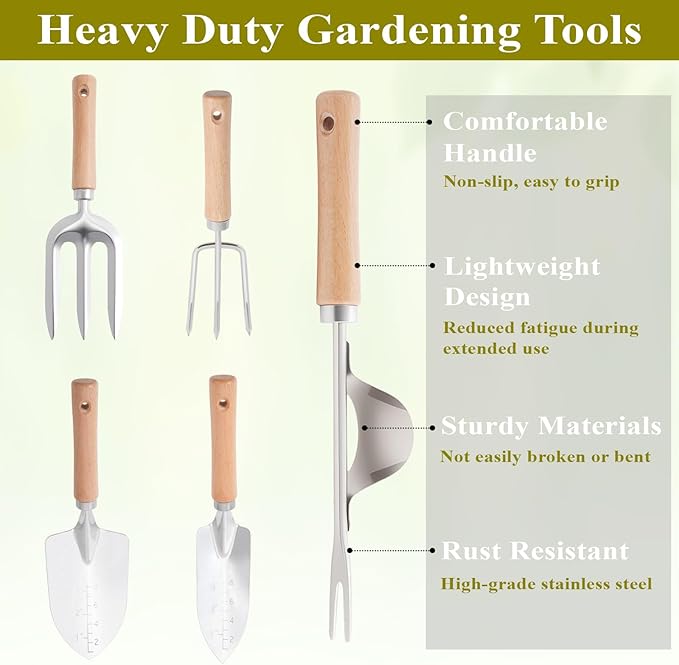 15-Piece Garden Tool Set for Women, Heavy Duty Gardening Kit with Floral Garden Bag, Steel Garden Hand Tools, Plant Labels, Gloves, Gardening Gift Basket for Men Gardeners Plant Lovers, Green