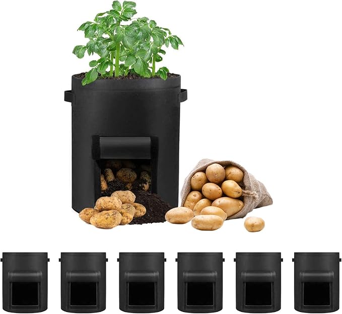 LITLANDSTAR 6 Pack 5 Gallon Potato Grow Bags, Heavy Duty Nonwoven Fabric Garden Planting Bag Plant Container with Flap and Handles, Aeration Fabric Pots for Growing Vegetable, Fruits and Flowers
