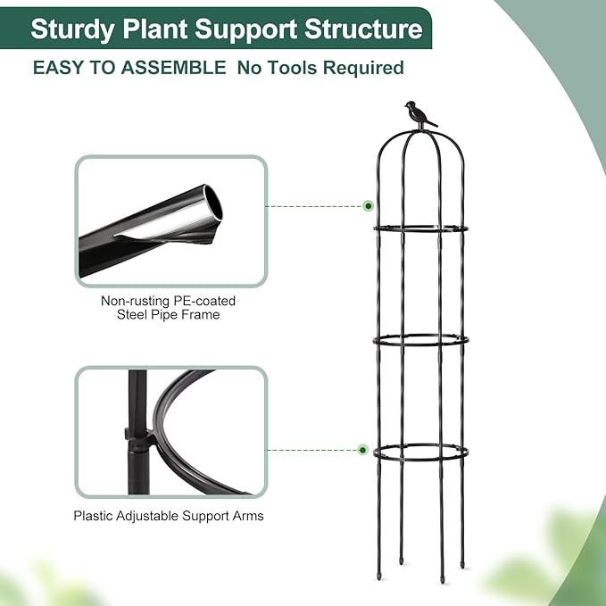 Garden Trellis Obelisk for Climbing Plants, Lightweight Metal Plant Support for Roses Clematis Vines, Rustproof Decorative Trellis for Outdoor Garden Patio Planter, Black, 2 Pack