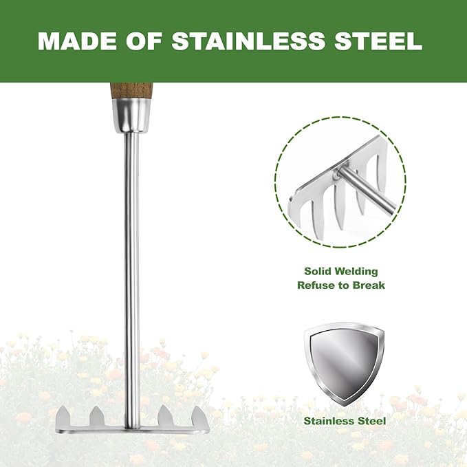 Haliaeetus Hand Rake Garden Tool, Stainless Steel Small Rake for Raking Leaves in Flower Beds, 5 Tines Hand Tiller Make Loosening Soil A Snap, Hand Cultivator with Comfortable Handle for Quick Weeding