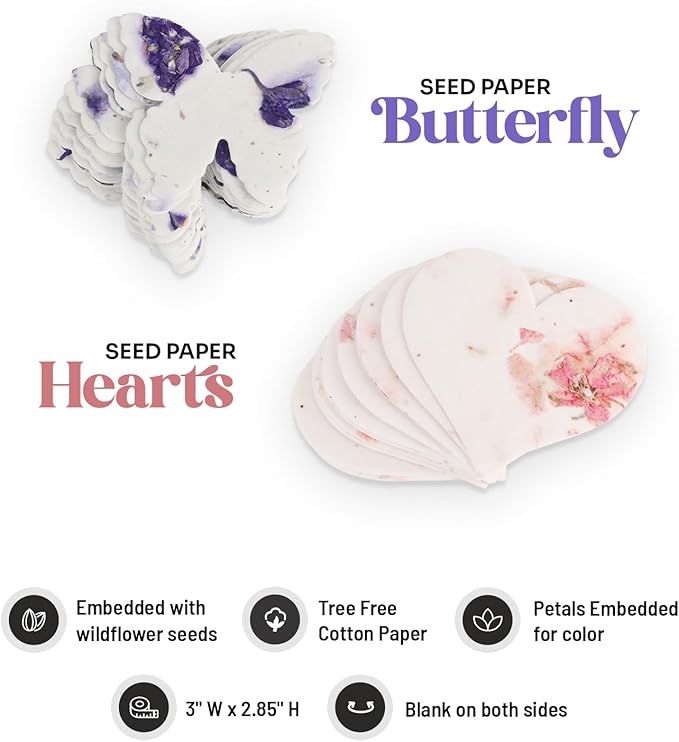 48pcs Seed Paper – 24pcs Hearts & 24pcs Butterflies Plantable Wildflower, Writable & Plantable Gift for Moms, & Plant Lover, Ideal for Weddings, Baby Shower, Memorial, & Celebrations
