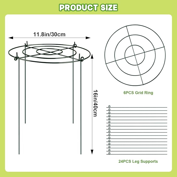 6 Packs Peony Cages and Supports, 11.8" Dx16 H Round Peonies Support Cages, Heavy Duty Flower Support Rings Plant Supports for Outdoor Plants, Plant Cage Ring for Roses, Hydrangeas, Tomatoes