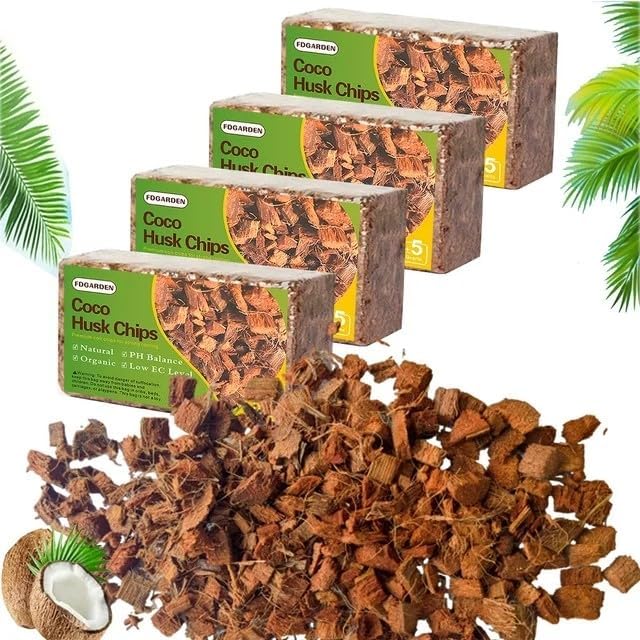 Coco Husk Chips Coconut Substrate for Garden Potting Soil Coconut Brick for Indoor Outdoor Flowers Plants Compressed Low EC Coco Husk Mulch for Garden Coconut Substrate for Reptiles, 4 Pack