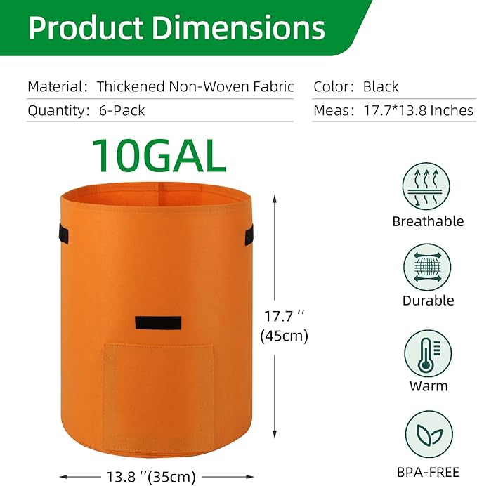 6 Pack 10 Gallon Potato Grow Bags, Thickened Nonwoven Fabric Planting Bags with Flap for Growing Tomatoes, Fruits, Herbs, Orange