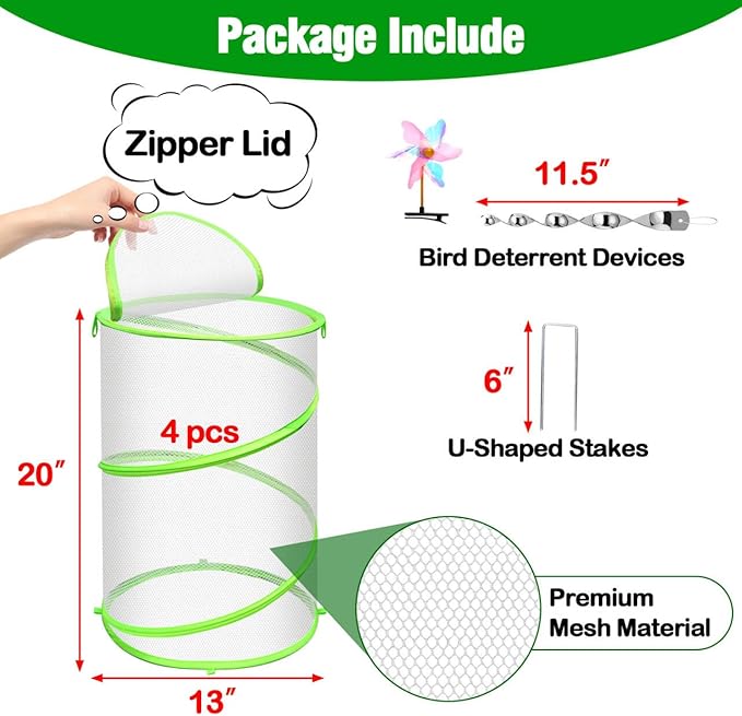 4 Pcs Insect Bird Barrier Netting Mesh with Bird Reflective Devices, Outdoor Garden Protection Cover, Plant Covers, Garden Netting Plant Cover, Protect Plant Fruits Flower from Insect Bird Eating