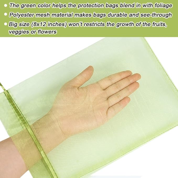 100pcs Fruit Protection Bags 8x12 inch, Green Netting Cover Bags Drawstring Mesh Fruit Protectors Pest Barrier for Grapes Mango Trees Veggies Garden