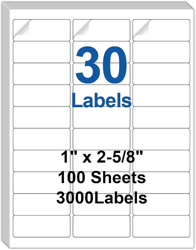 Bostlabel 30 Up Labels 1" x 2-5/8" Shipping Address Labels for Laser/Inkjet Printers, 100 Sheets 3000 Pcs Self Adhesive 30 pet Sheet Return Address Mailing Label Stickers
