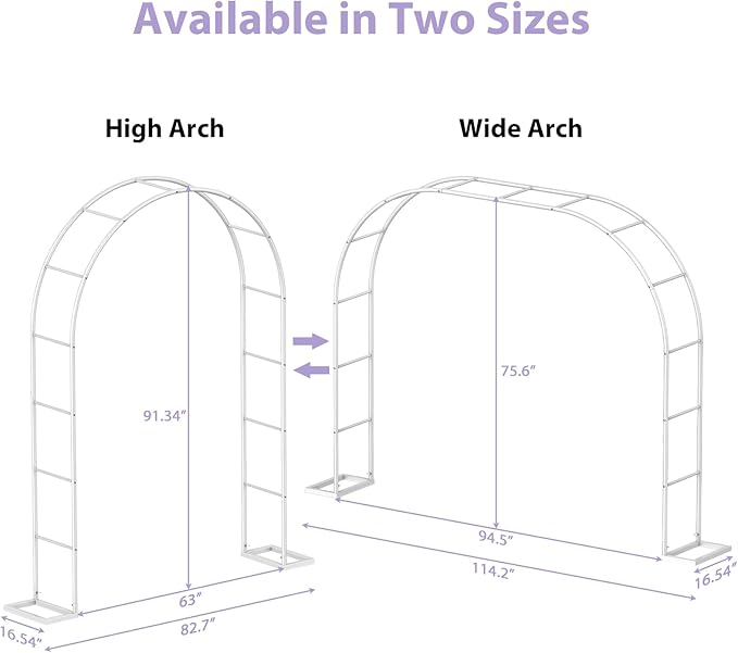 Sunexinlo Garden Arch Trellis with Base, 5.3'W x 7.6'H or 7.9'W x 6.3'H Wedding Arch, Metal Garden Trellis for Climbing Plants Outdoor Wedding Christmas Bridal Party Decoration, White