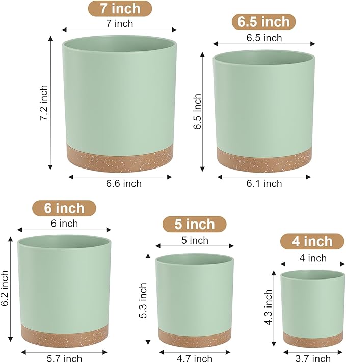 Plant Pots with Drainage Holes and Saucers – 7, 6.5, 6, 5, 4 Inch Plastic Planters for Indoor Outdoor Plants, Modern Matte Finish, Lightweight & Durable（Green）