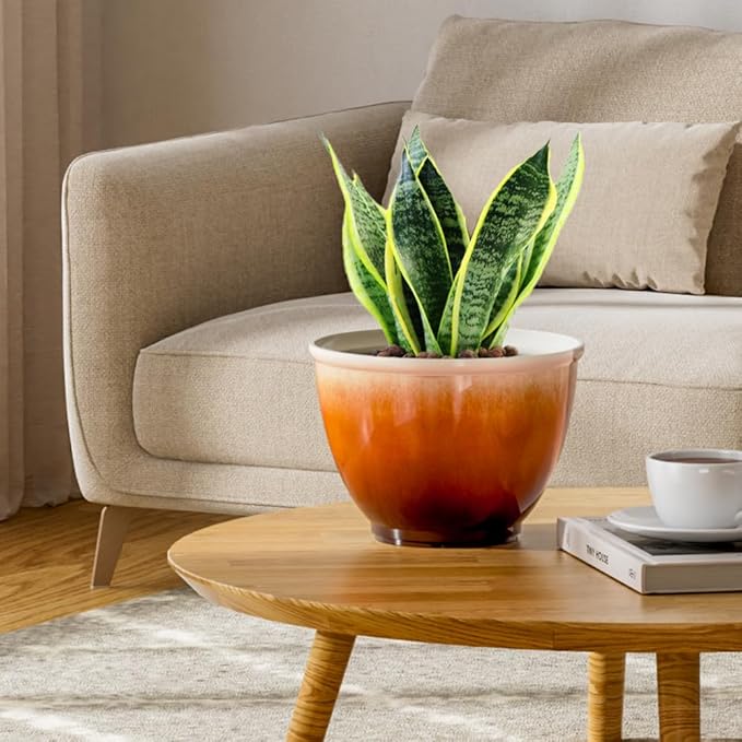 8 Inch Plant Pots with Drainage Hole, 4 Pack Plastic Flower Pots, Modern Sleek Decorative Planter for Indoor Outdoor Plants Succulent Snake (Orange)