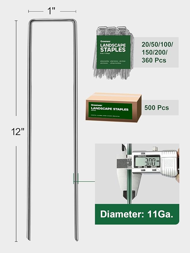 GROWNEER 50 Packs 12 Inches Landscape Staples Heavy Duty 11 Gauge Galvanized Steel Garden Stakes Securing Pegs for Securing Weed Fabric Landscape Fabric Netting Ground Sheets and Fleece