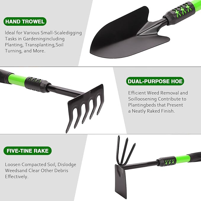 Garden Tool Set, 3 Pack Gardening Tools, Stainless Steel Heavy Duty Hand Cultivator, Hoes, Shovel, for Planting Weeding Digging, Gardening Gifts for Women, Green