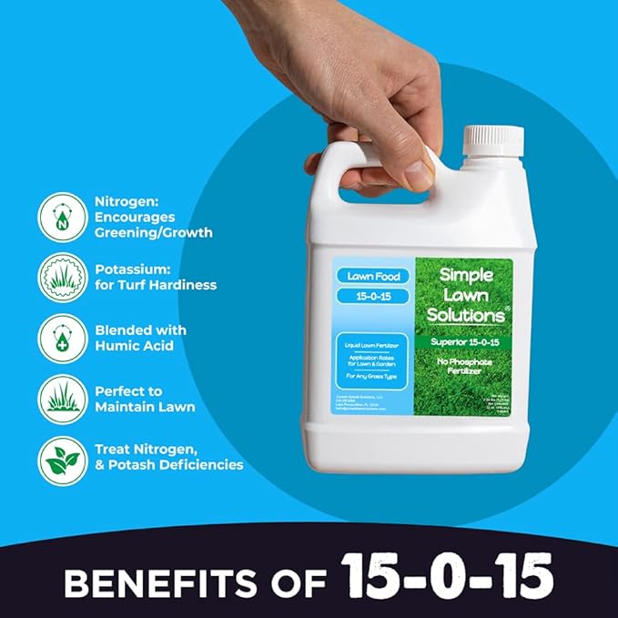 Superior 15-0-15 Liquid Fertilizer Nitrogen & Potash Lawn Food - Concentrated Spray- Any Grass Type- Simple Lawn Solutions Green, Growth - Humic Acid - Kelp Seaweed - Phosphorus-Free (1 Quart)