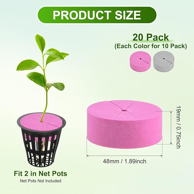 20-Pack Cloning Collars Inserts, Hydroponics Sponge Systems Cloning DIY Foam Cloner Inserts Fits 2" Net Pots for Hydroponic/Clone Machines/Plant Germination [Grey, Rose Red]