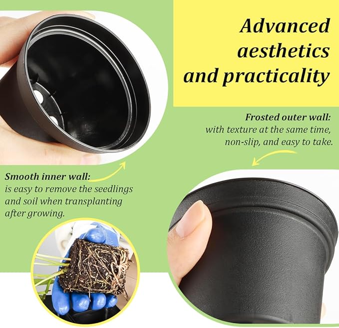 RooTrimmer 60 Pack 3 Inch Black Nursery Pots - Plastic Seedling, Seed Starter, Germination Pots with Drainage for Plants, Succulents, Flowers, Transplanting Gardening Gifts