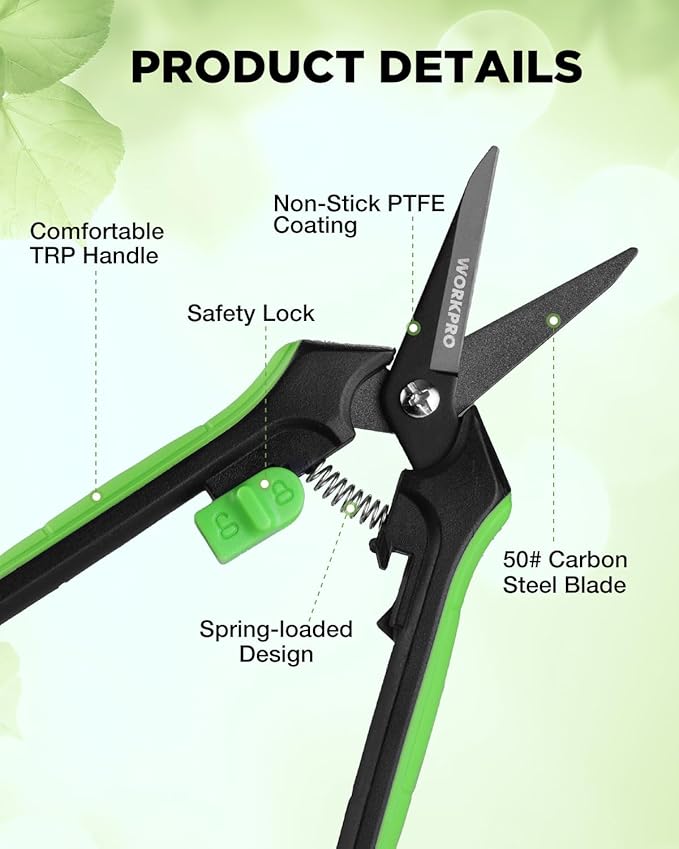 WORKPRO 6-Inch Pruning Shears, Sharp Gardening Scissors for Precise Cuts, High-Carbon Steel Plant shears with and Safety Lock, Garden Clippers for Cutting Flowers, Trimming Plants, Picking Fruits