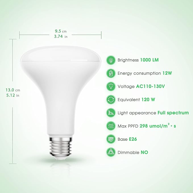 Briignite 4 Pack LED Grow Light Bulb, BR30 Grow Light Bulbs, Full Spectrum Grow Light Bulb 12W, 120W Equivalent, E26 Plant Light Bulbs, Grow Light for Indoor Plants, Seedlings, Greenhouse
