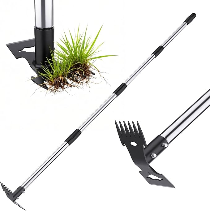 Weed Puller Tool with Long Handle，Adjustable Long Manual Weeder Remover Tool，2 in 1 Hand Weed Rake and Garden Hoe for Gardening, Uprooting Weeding Tool for Yard, Lawn, Patio, Garden