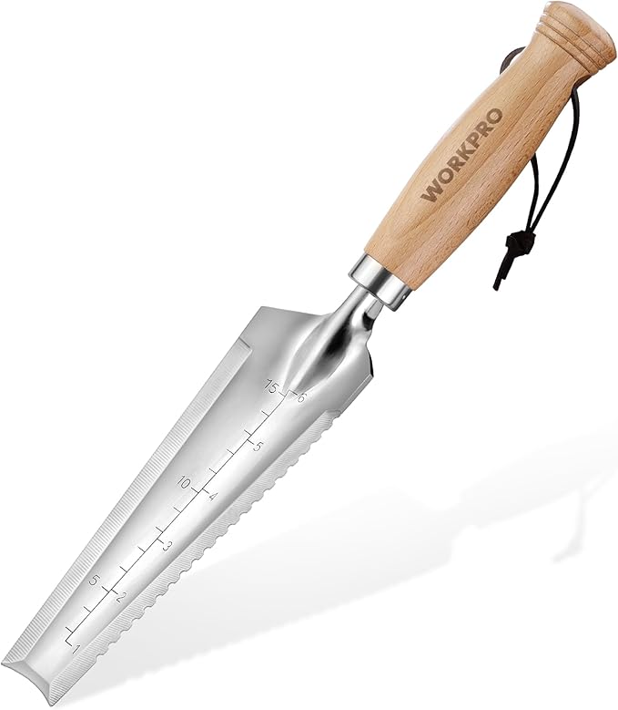 WORKPRO Garden Trowel with Wood Handle, Stainless Steel Narrow Hand Shovel, Multi- Use Flat Garden Trowel for Planting, Weeding, Transplanting, Digging, Small Weeding knife for Gardening
