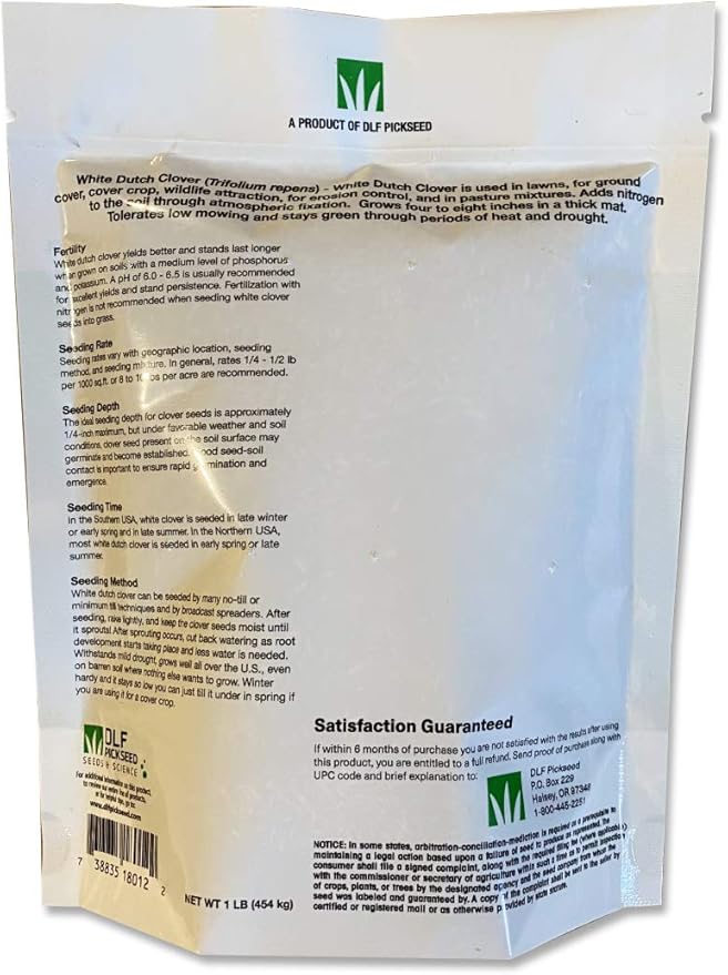DLF White Dutch Clover Seed – White Clover Seeds for Grass Pastures Perennial Ground Cover Food Plots & Turf, Prevents Weeds & Erosion, Enhances Soil Fertility & Provides Potein For Livestock, 1 Pound