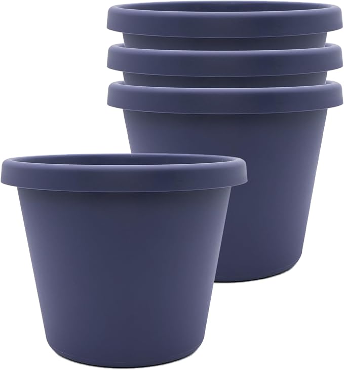 The HC Companies 8 Inch Prima Round Planter Pots with Drainage Holes & Rolled Rim, Lightweight UV-Resistant Plastic Indoor & Outdoor Planters, 4-Pack Flower Pots for Garden & Home Decor, Twilight Blue