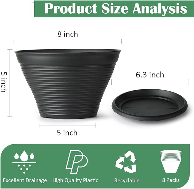 8 Inch Plastic Plant Pots with Saucers 8 Pack, Flower Pots with Drainage Holes, Sturdy Planter Pots for Indoor Outdoor, Modern Decorative Gardening Pots for Planting House Plants, Black