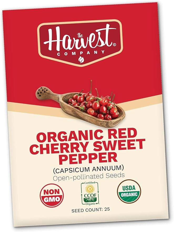 The Harvest Company Organic Seeds Collection – USDA Certified, Non-GMO, Open-Pollinated for Indoor & Outdoor Planting (Red Cherry Sweet Pepper)