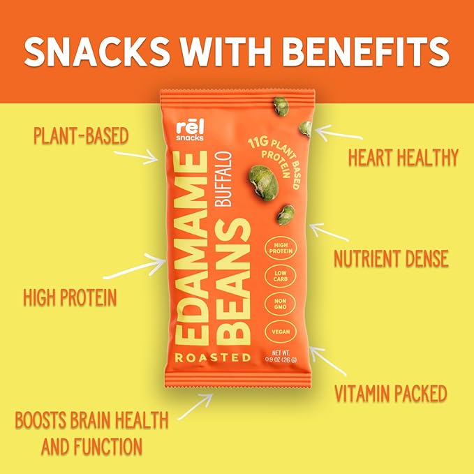 Rēl Snacks Buffalo Roasted Edamame – High Protein Low Carb Snack (11g Protein per Serving) – Keto-Friendly, Vegan, Non-GMO – 10-Pack 0.9oz Bags