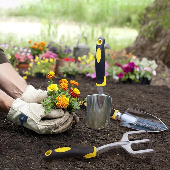 Garden Tool Set, 3 Pcs Heavy Garden Tools, Garden Shovel, Transplant Trowel and Hand Rake with Soft Rubberized Non-Slip Ergonomic Handle for Planting