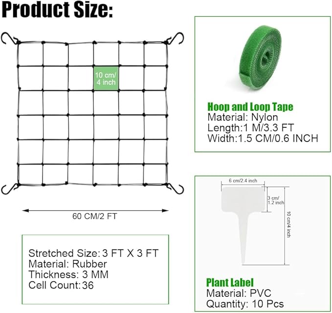 2 Pcs Scrog Net 3x3 FT Trellis Net for Grow Tent Elastic Trellis Netting with Hooks, Loop Tape, Garden Label for Indoor Plant Growing Tents Garden Plant Climbing Plants Support