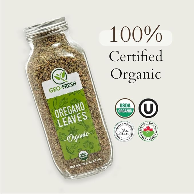 Geo-Fresh Organic Oregano, 2.12 oz (60g) | Seasoning | Best on Pizza, Pasta, Soup, Chicken & many more | Non-GMO, Kosher, 100% Organic, Gluten Free, USDA Certified