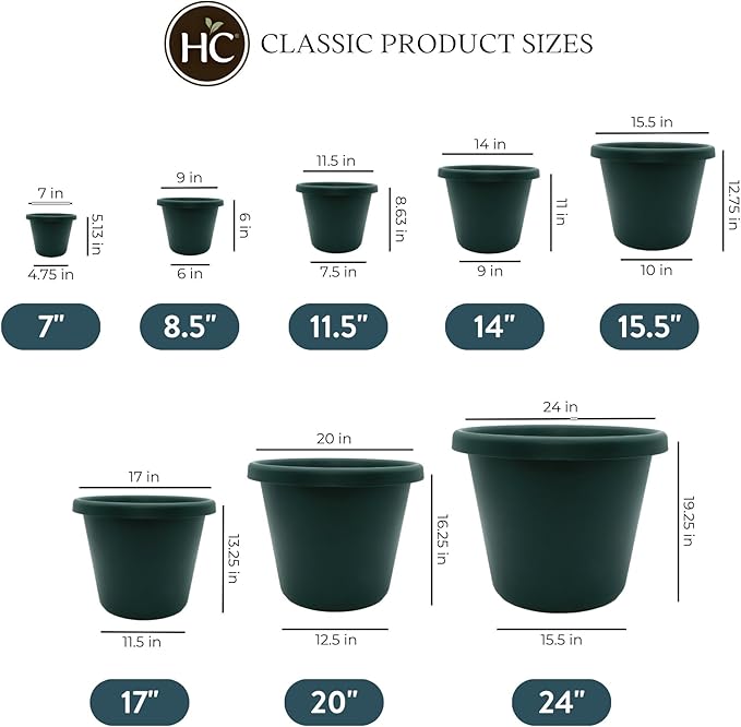 The HC Companies Classic Round Plastic Plant Pot w/Rolled Rim - Lightweight & UV Resistant Flower Pot for Herbs & More - Outdoor & Indoor Plant Pots w/Drainage (14 inch Evergreen, Pack of 1)