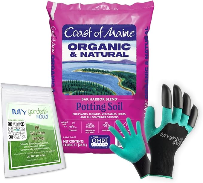 Coast of Maine BH1000 Bar Harbor Container Potting Soil 1 cf with My Garden Pool 7-in-1 Soil Test Strips, 20 ct. and Claw Gardening Gloves