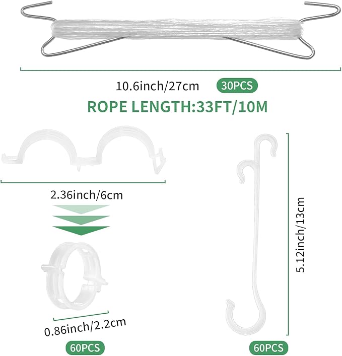 30pcs Tomato Support Hooks with 60pcs Tomato Clips, J Hooks to Prevent Tomatoes from Pinching or Falling Off, Garden Hooks with 33.3ft Twine, Plant Climbing Hooks for Tomatoes Cucumber